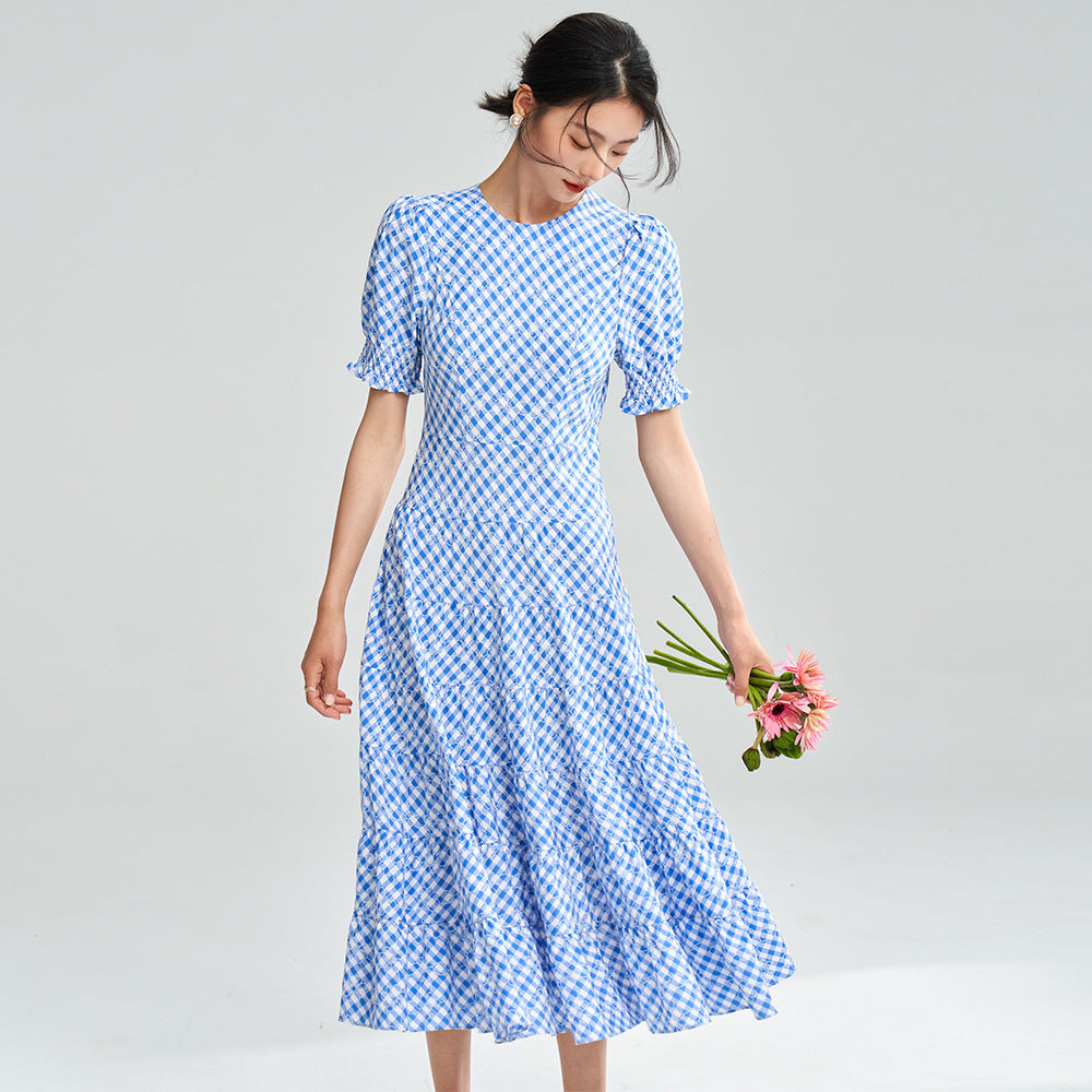 New Blue And White Plaid Elegant Waist-tight Dress Women