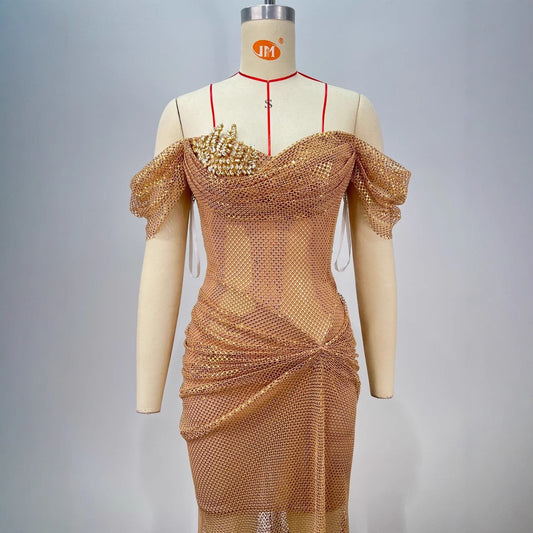 Elegant Fashionable Golden Off-shoulder Backless Slim Fit Pleated Long And Floor Dress