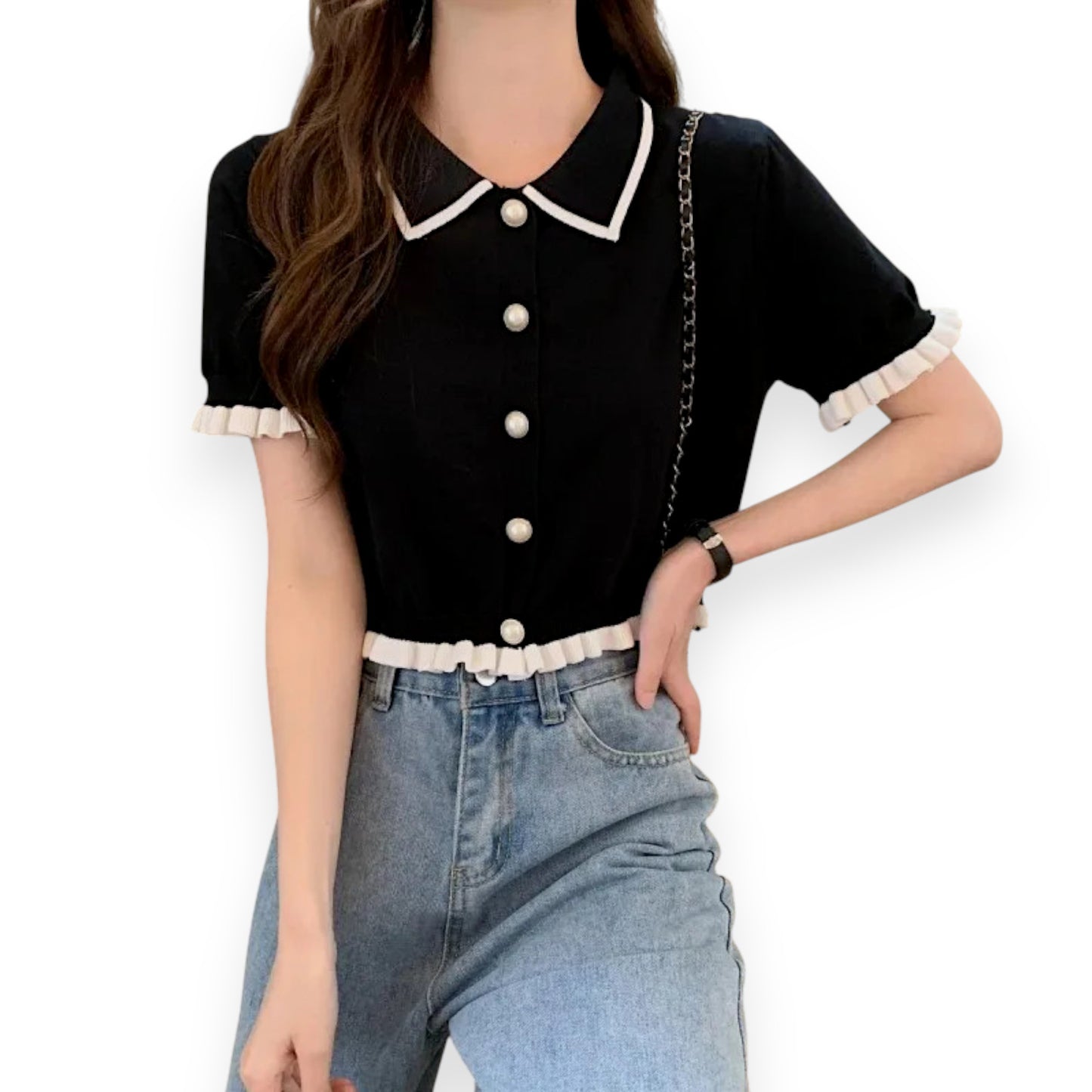 Women’s Slim Fit Korean Knit Blouse – Casual Round Neck Short Sleeve Button Shirt