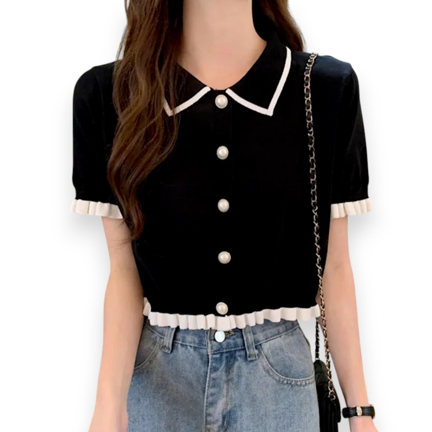Women’s Slim Fit Korean Knit Blouse – Casual Round Neck Short Sleeve Button Shirt