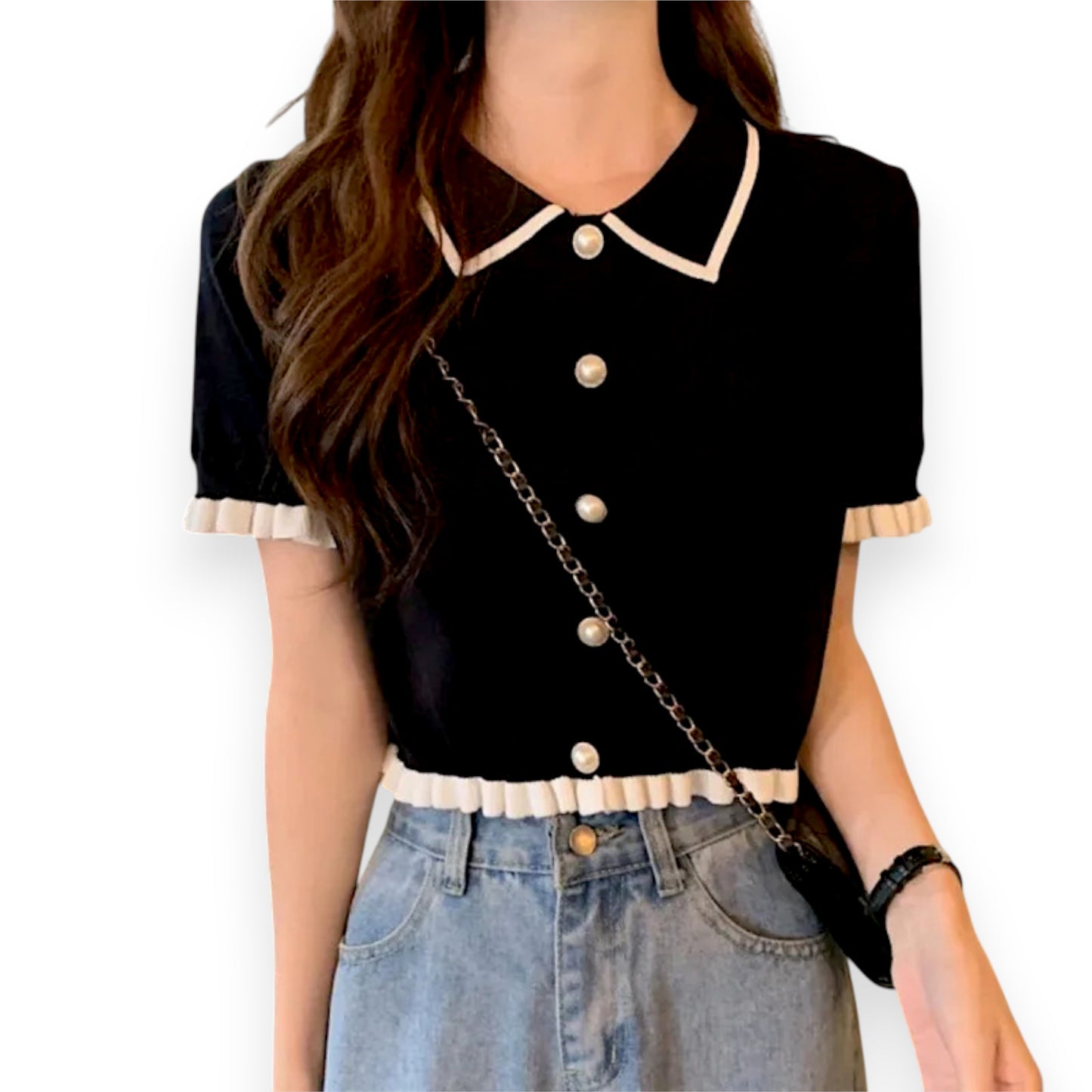 Women’s Slim Fit Korean Knit Blouse – Casual Round Neck Short Sleeve Button Shirt