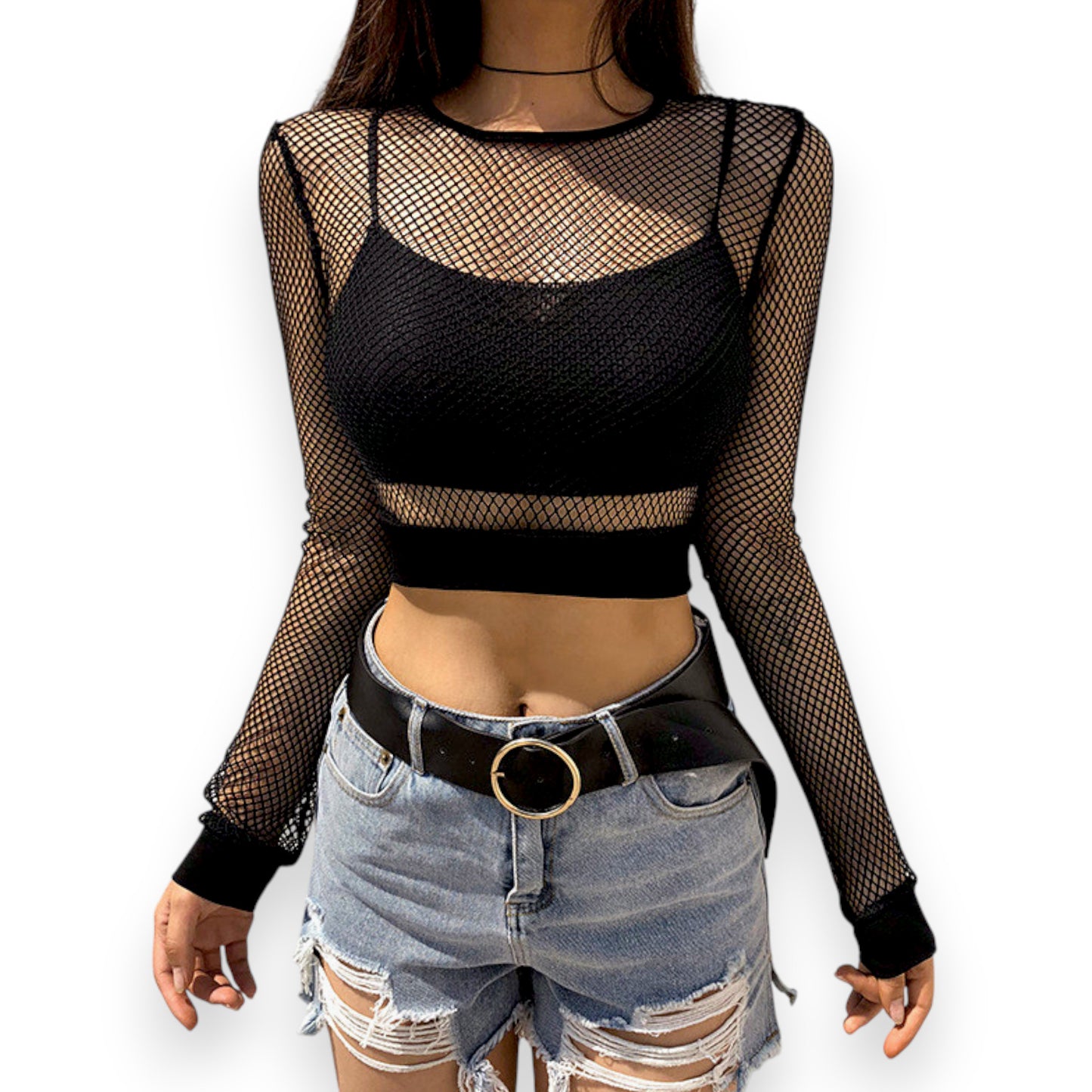 Women's Transparent Mesh Long Sleeve Top – Hollow Out Short Blouse for Club, Party, or Street Style