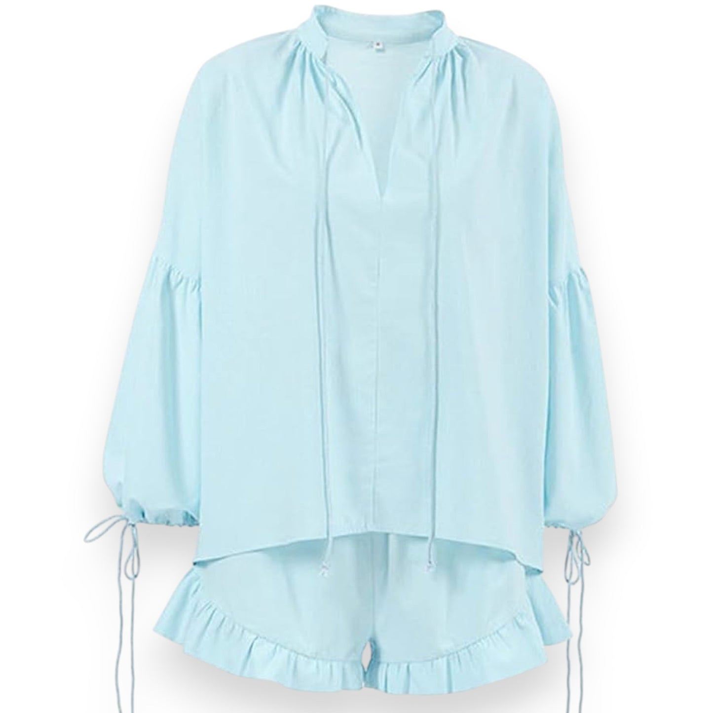 Lace-up Suits Loose V-neck Lantern Sleeve Top And Ruffles Shorts Solid Two-piece Set Womens Clothing