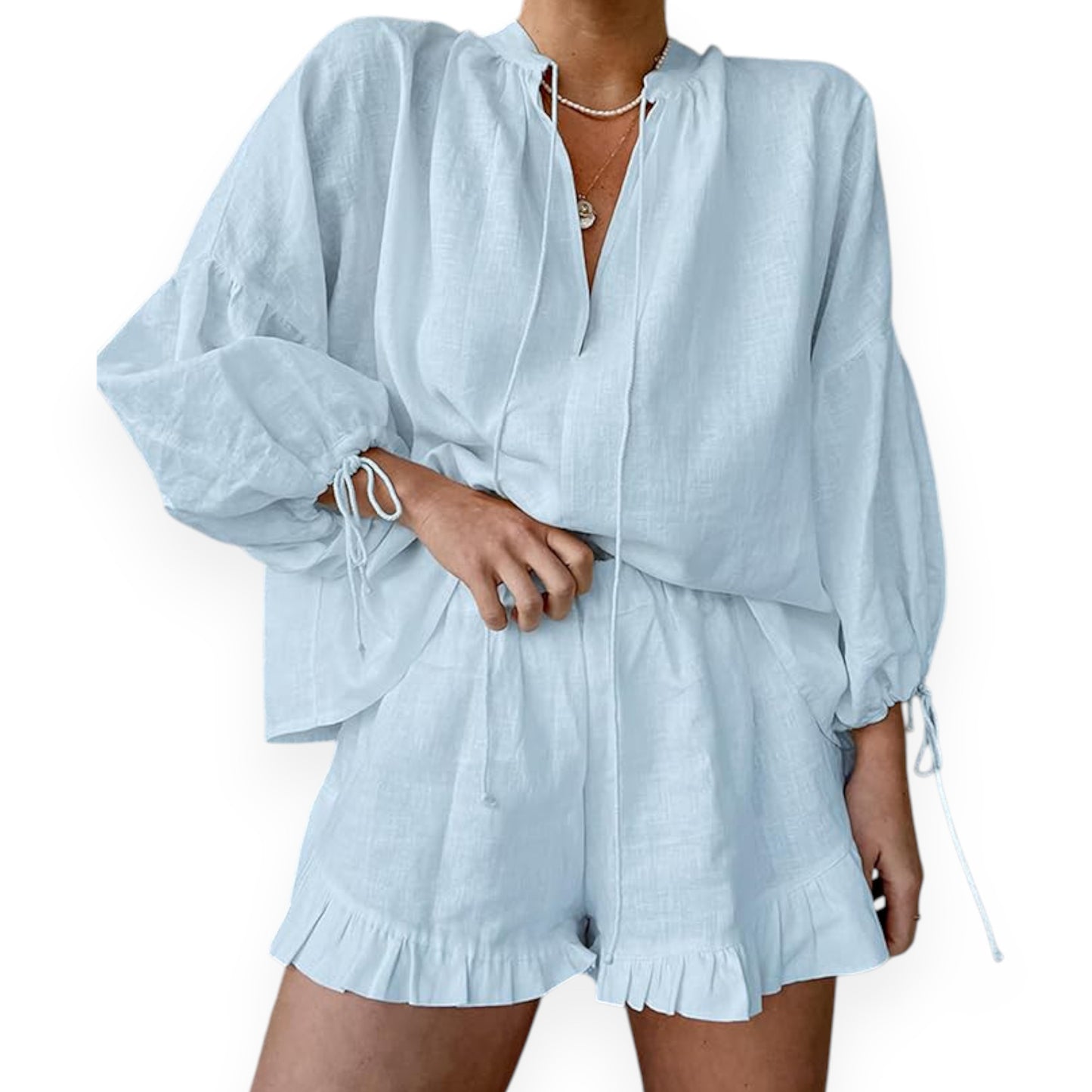 Lace-up Suits Loose V-neck Lantern Sleeve Top And Ruffles Shorts Solid Two-piece Set Womens Clothing
