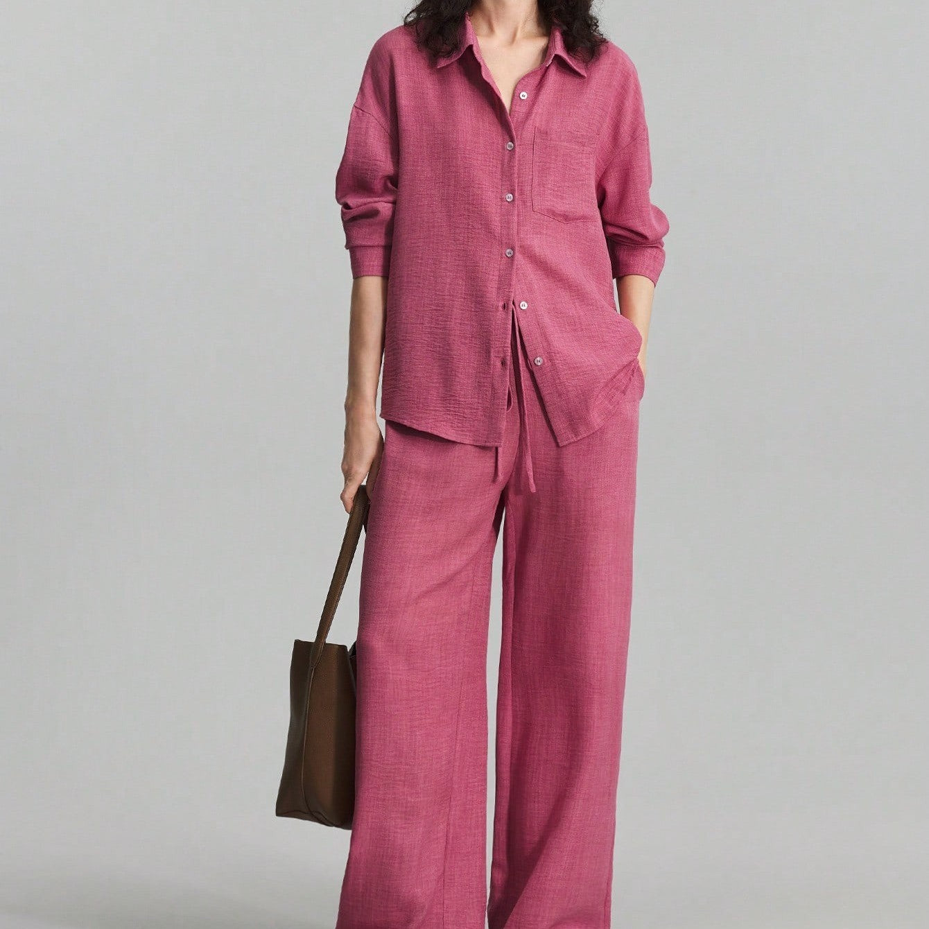 Elegant Women’s Hot Pink Set – Versatile Long Sleeve Top & Pants bunu da