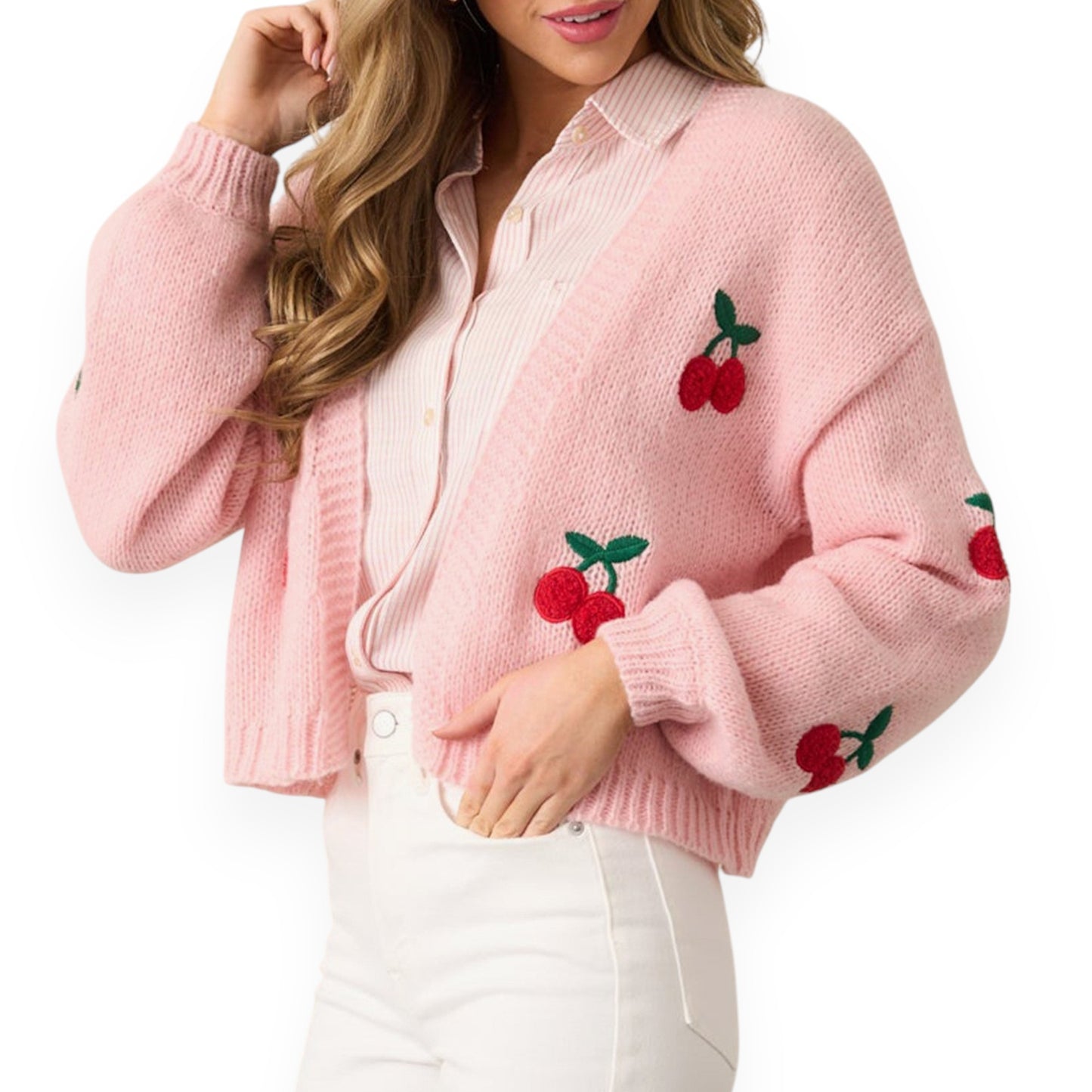 Women’s Cherry Embroidered Pink Cardigan – Elegant Long Sleeve Open Front