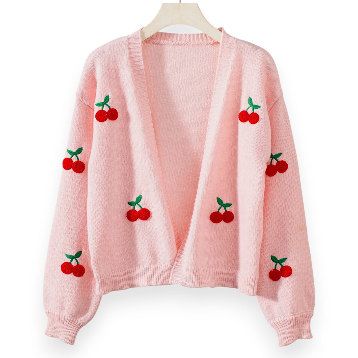 Women’s Cherry Embroidered Pink Cardigan – Elegant Long Sleeve Open Front