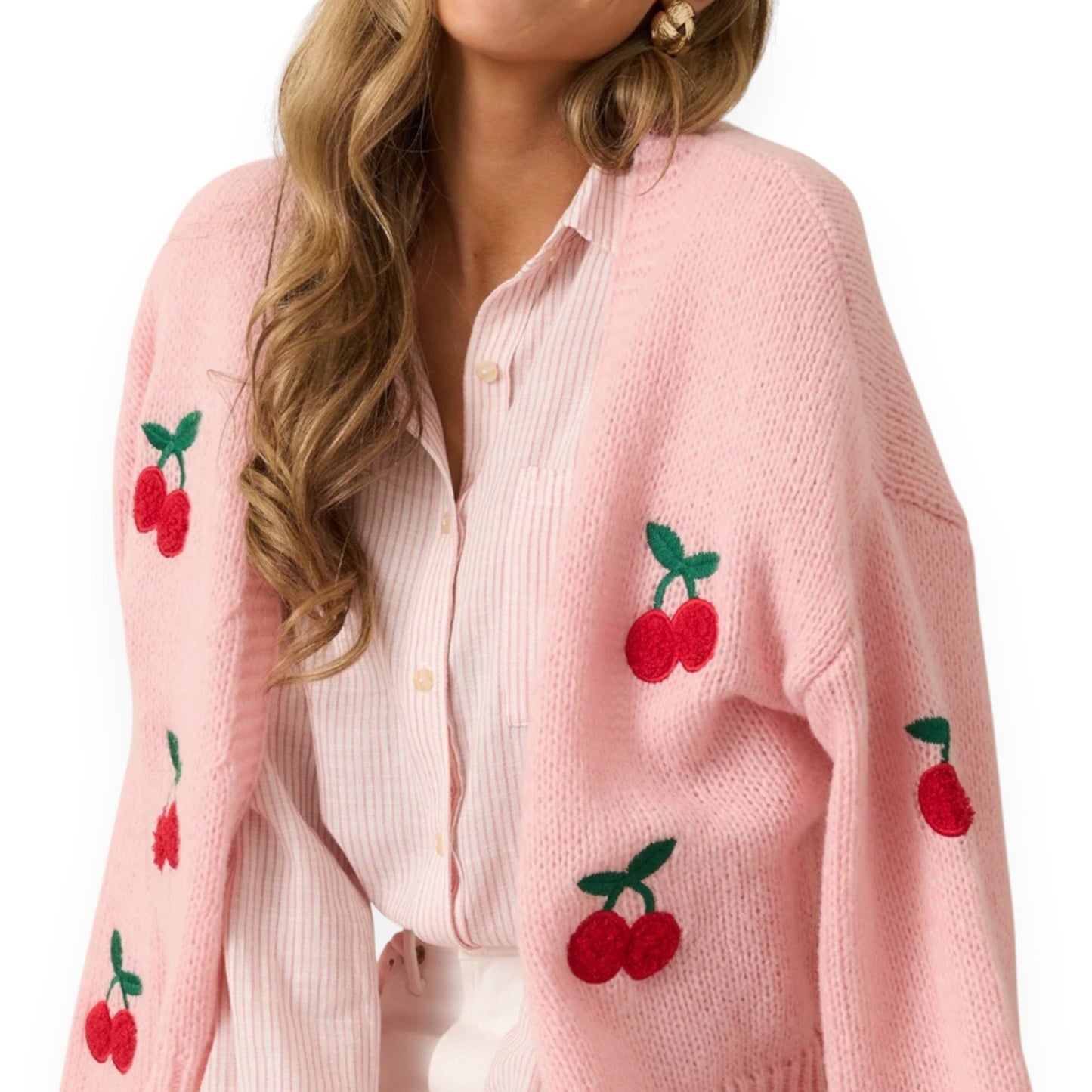 Women’s Cherry Embroidered Pink Cardigan – Elegant Long Sleeve Open Front