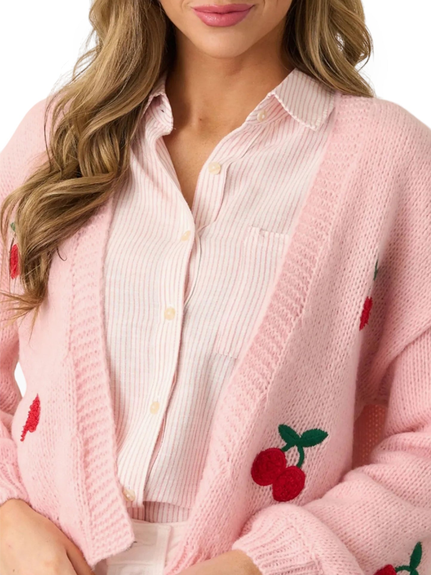 Women’s Cherry Embroidered Pink Cardigan – Elegant Long Sleeve Open Front