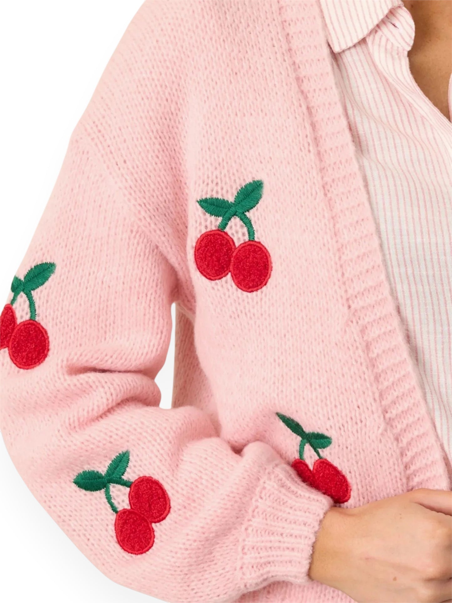 Women’s Cherry Embroidered Pink Cardigan – Elegant Long Sleeve Open Front