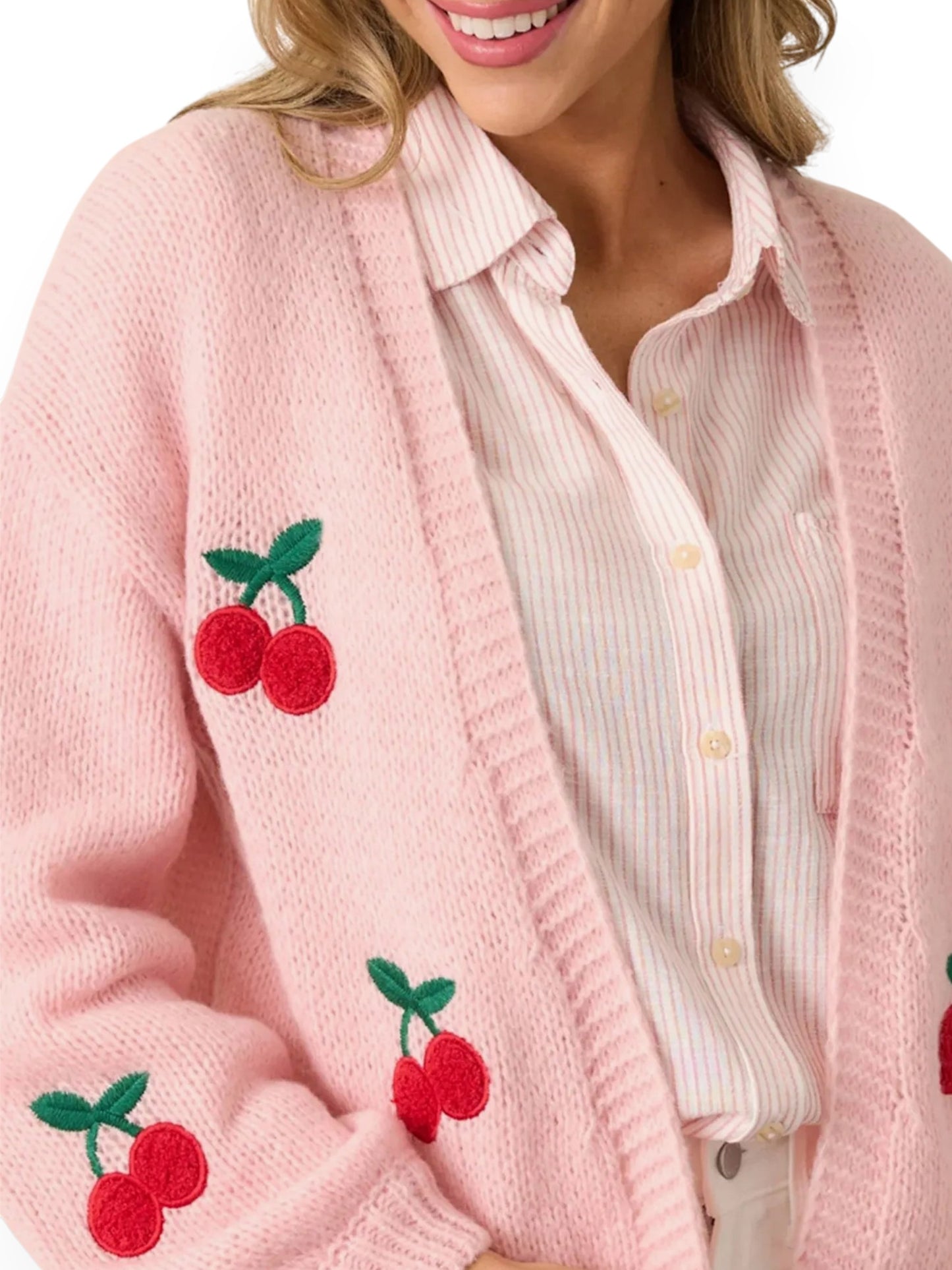 Women’s Cherry Embroidered Pink Cardigan – Elegant Long Sleeve Open Front