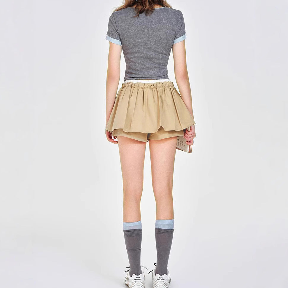 Wear Khaki Low Waist Drawstring Lace Puff Short Skirt