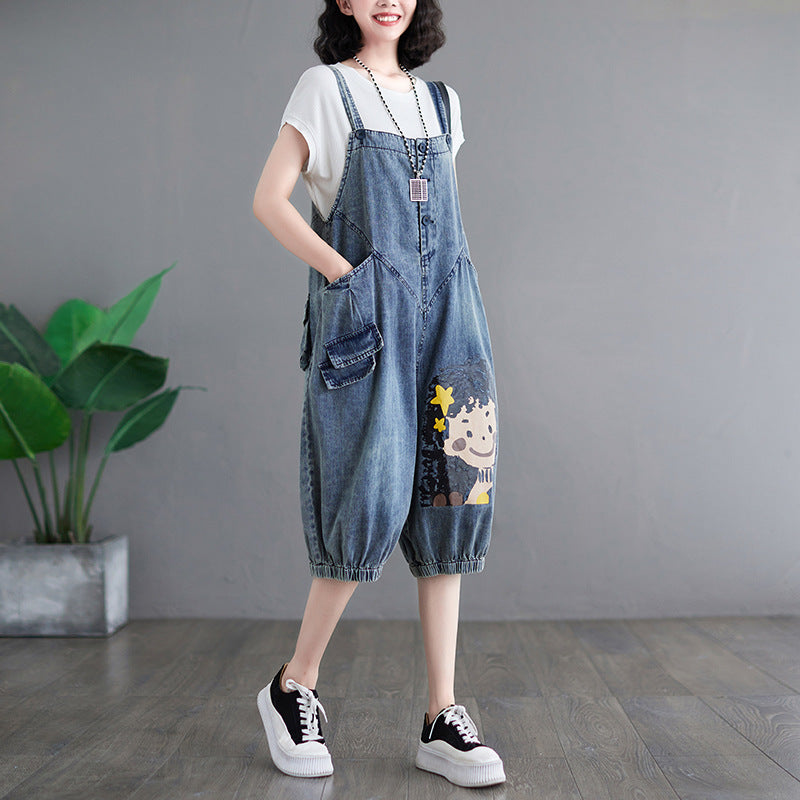 Retro Plus Size Cartoon Age Reduction Girl Print Denim