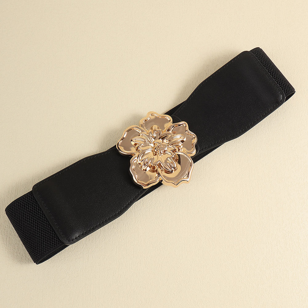 Elegant Women's Stretch Elastic Belt Metal Large Flower Needle Buckle Decorated Dress Shirt Waist Belt