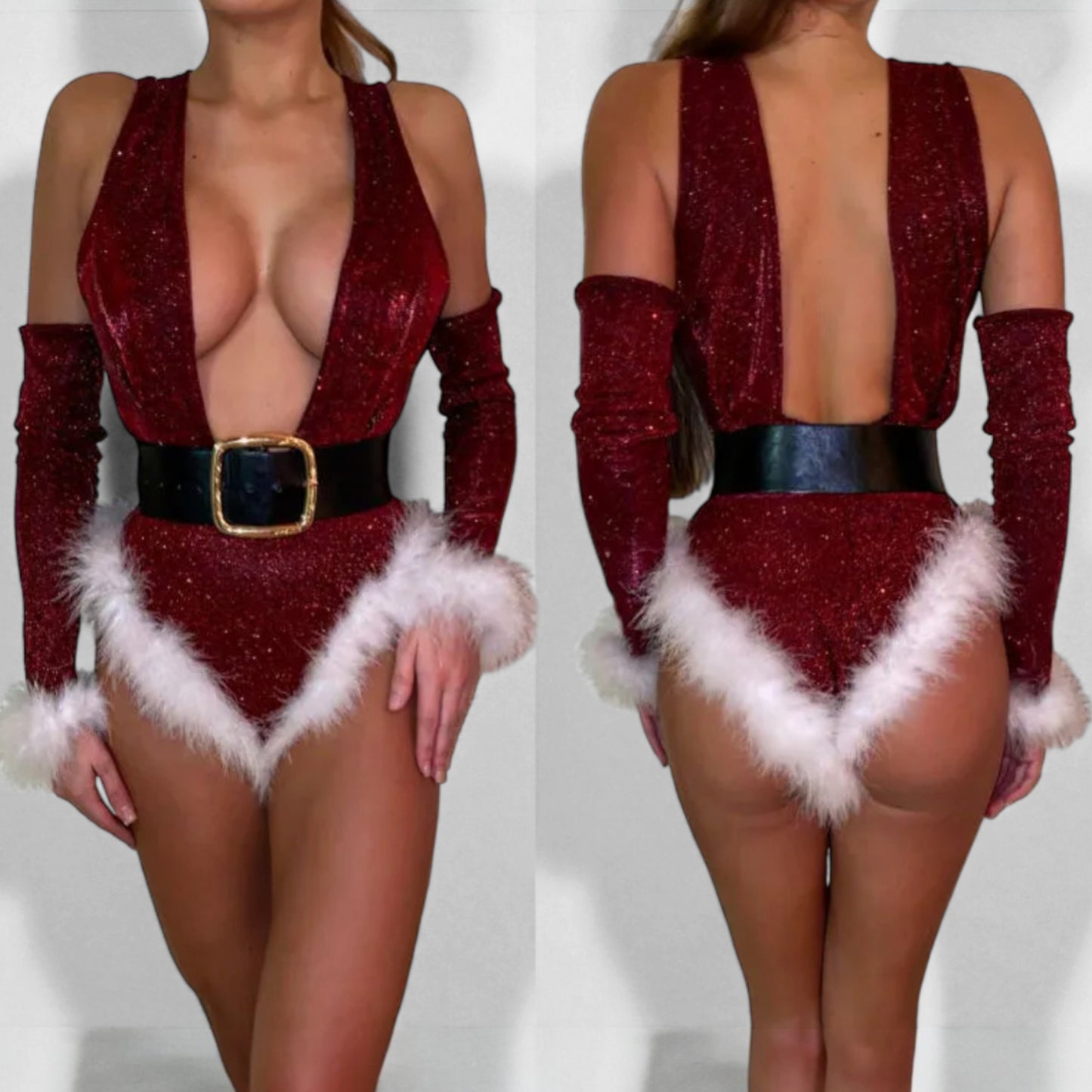 Christmas Seduction Deep V One-Piece Lingerie – Holiday Red Bodysuit