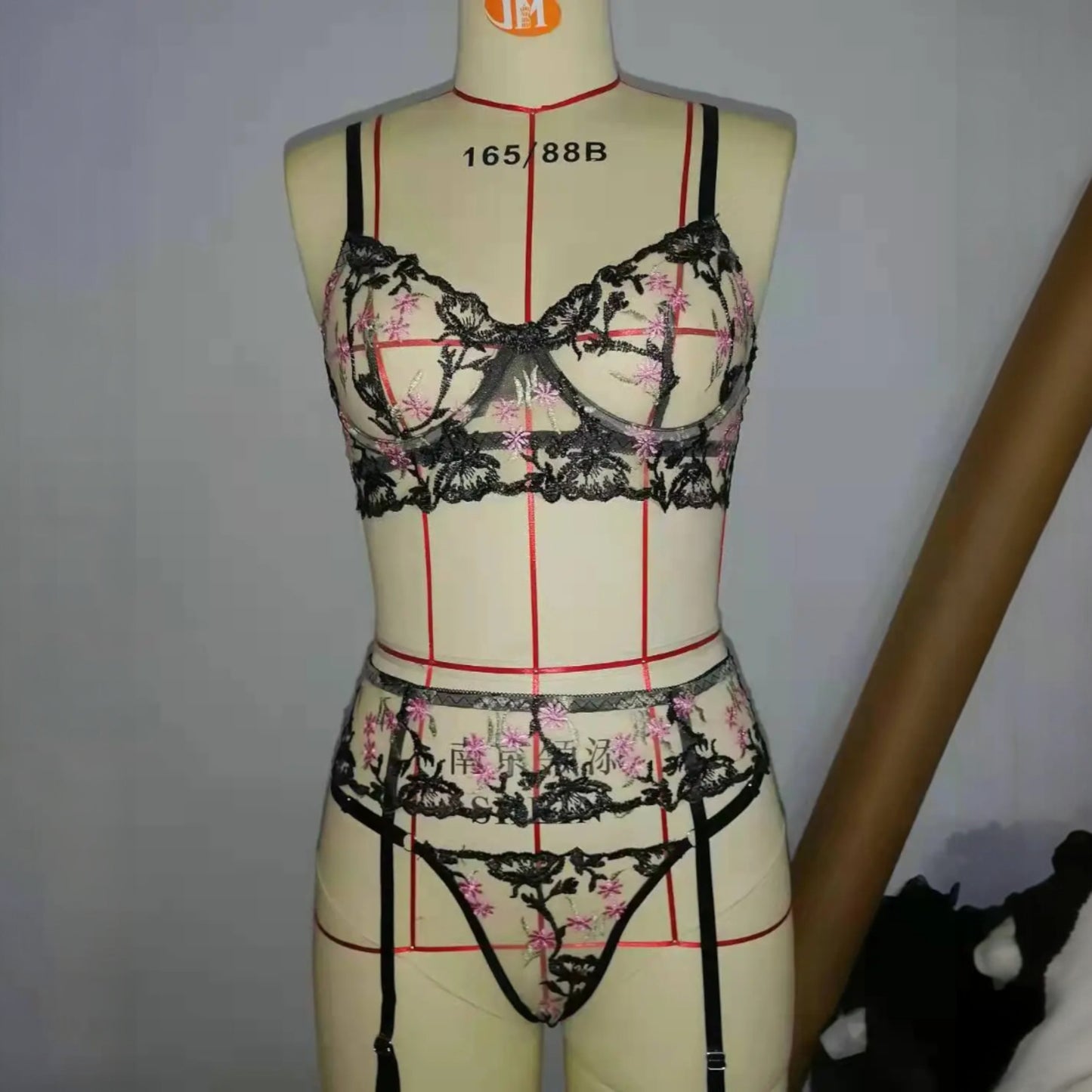 Black Cross Lace Embroidered 3-Piece Steel-Ring Sexy Lingerie Set