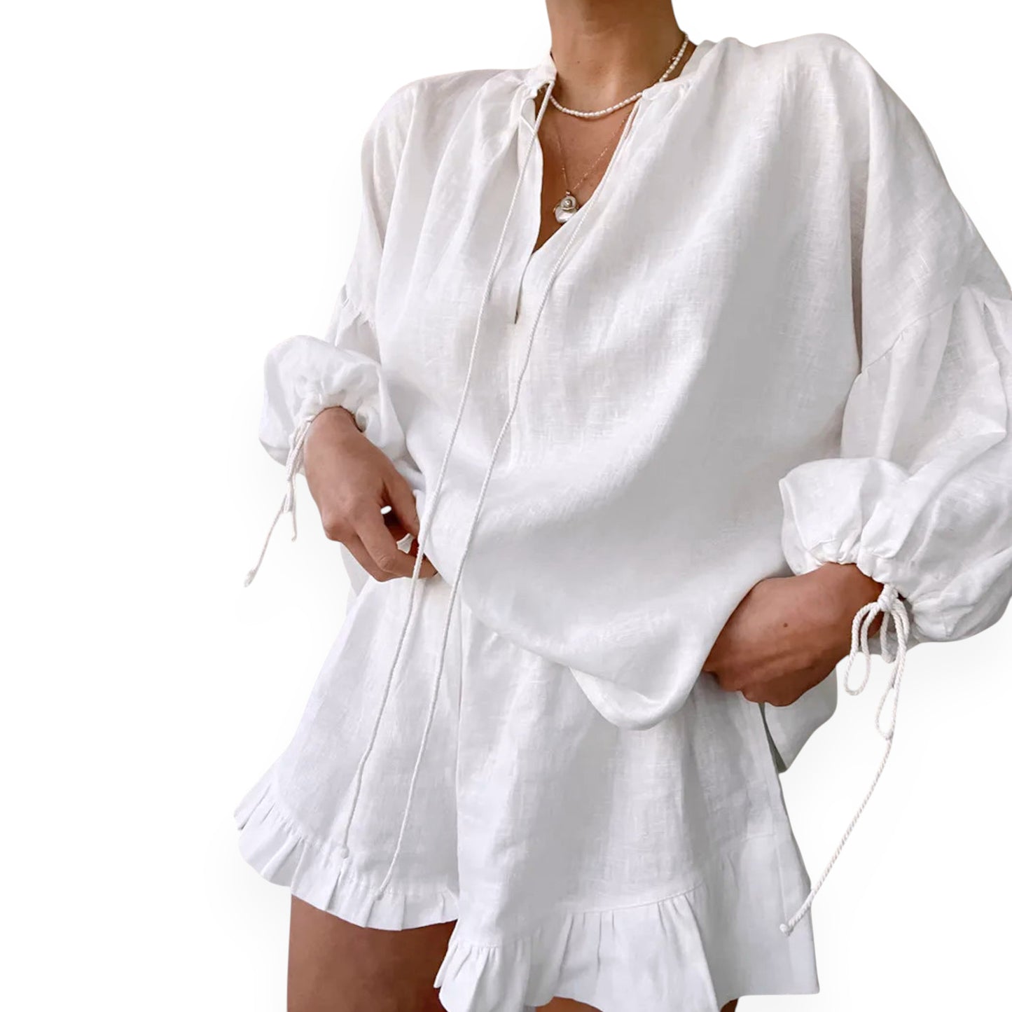 Lace-up Suits Loose V-neck Lantern Sleeve Top And Ruffles Shorts Solid Two-piece Set Womens Clothing