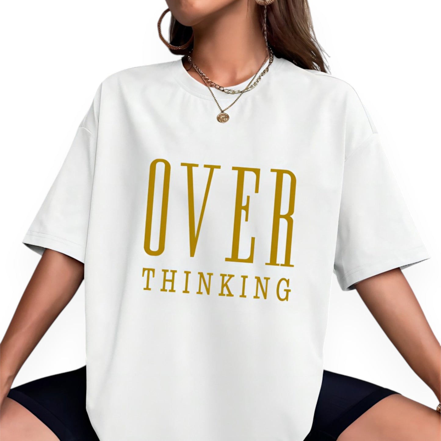 Women’s Graphic Short Sleeve T-Shirt – “Overthinking” Letter Print Loose Fit Casual Tee Top
