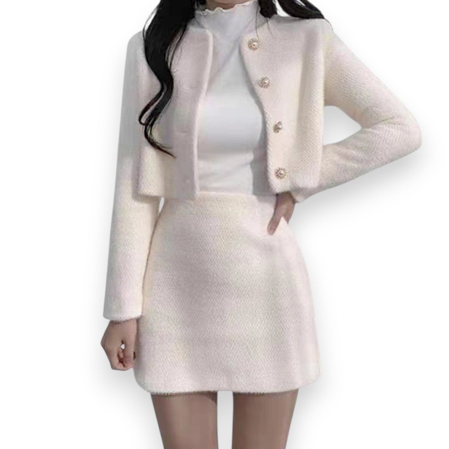 Korean Style Sweet Velvet Blazer & Mini Skirt Set – Long Sleeve Two-Piece Outfit