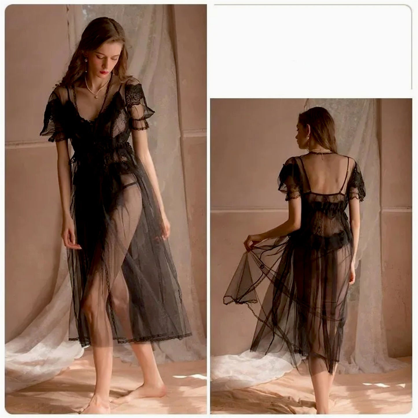 Women’s Lace Sheer Chemise 3-Piece Lingerie Set – Robe, Dress & Panty