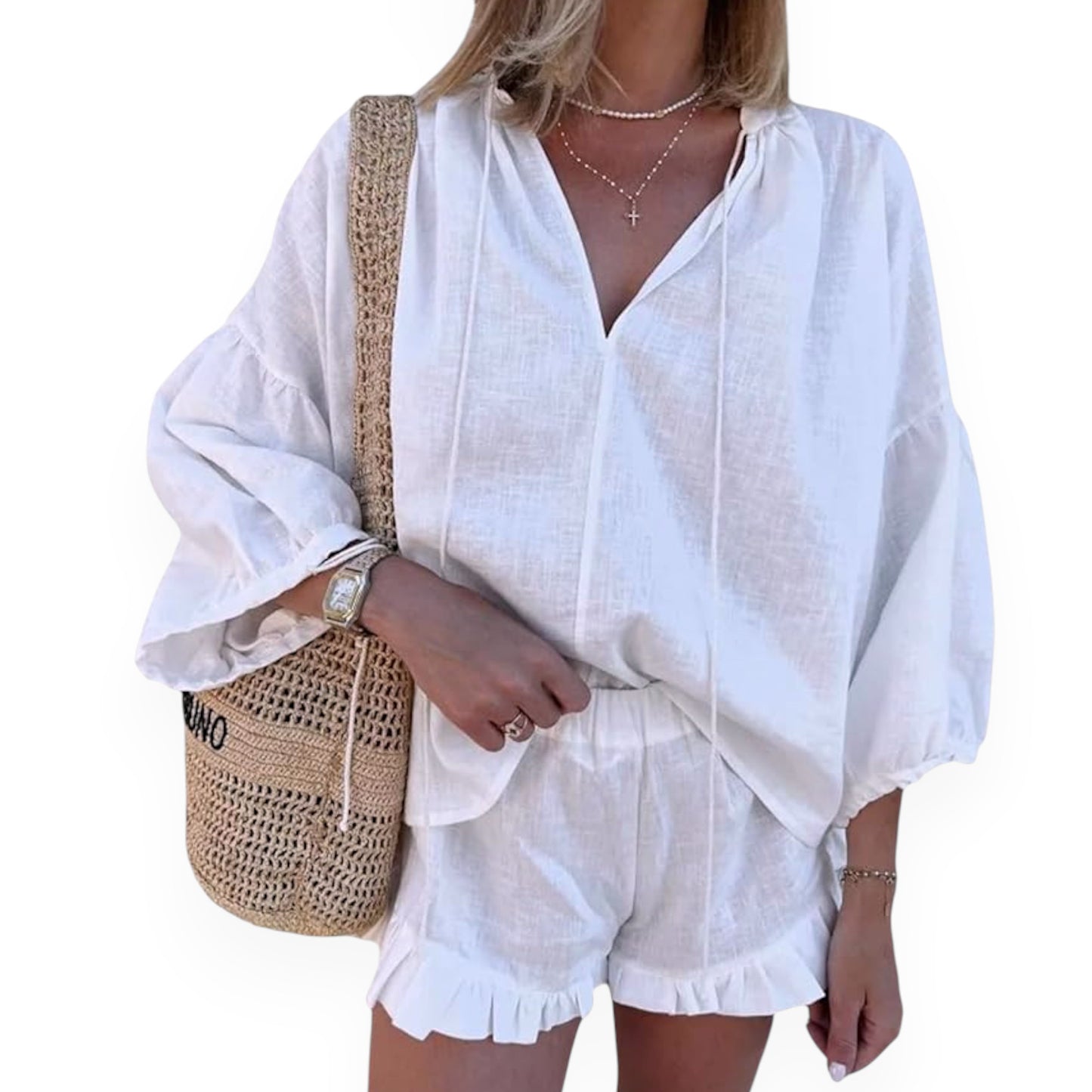 Lace-up Suits Loose V-neck Lantern Sleeve Top And Ruffles Shorts Solid Two-piece Set Womens Clothing