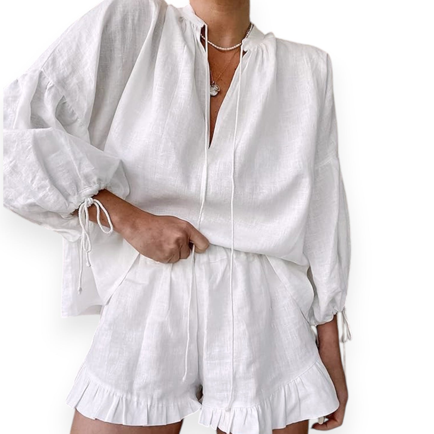 Lace-up Suits Loose V-neck Lantern Sleeve Top And Ruffles Shorts Solid Two-piece Set Womens Clothing