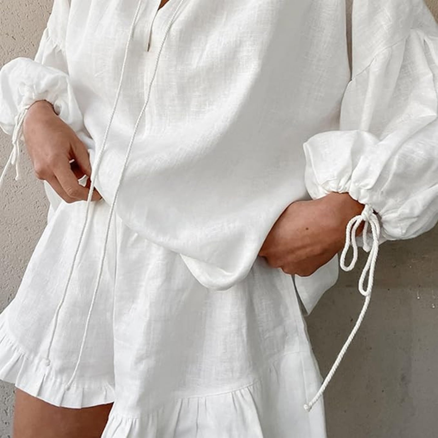 Lace-up Suits Loose V-neck Lantern Sleeve Top And Ruffles Shorts Solid Two-piece Set Womens Clothing