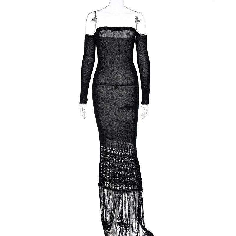 Women's Woolen Elegant Slim-fit Tassel Dress With Long Sleeves