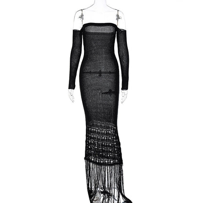 Women's Woolen Elegant Slim-fit Tassel Dress With Long Sleeves