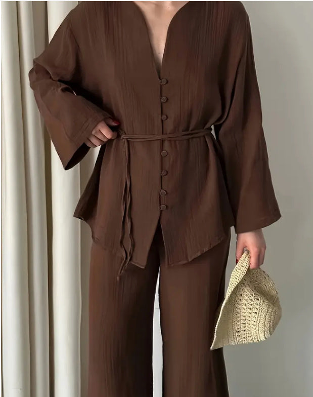 Coffee Colored Solid Color Elegant Two-piece Set