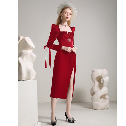 Elegant Bow Tie Stud Drill Slit Red Dress
