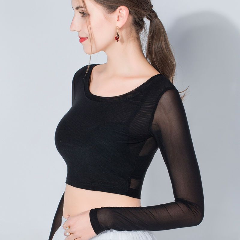 Women's Long Sleeve New Transparent Black Veil Inner Lace Half Gauze Clothes Skirt Top