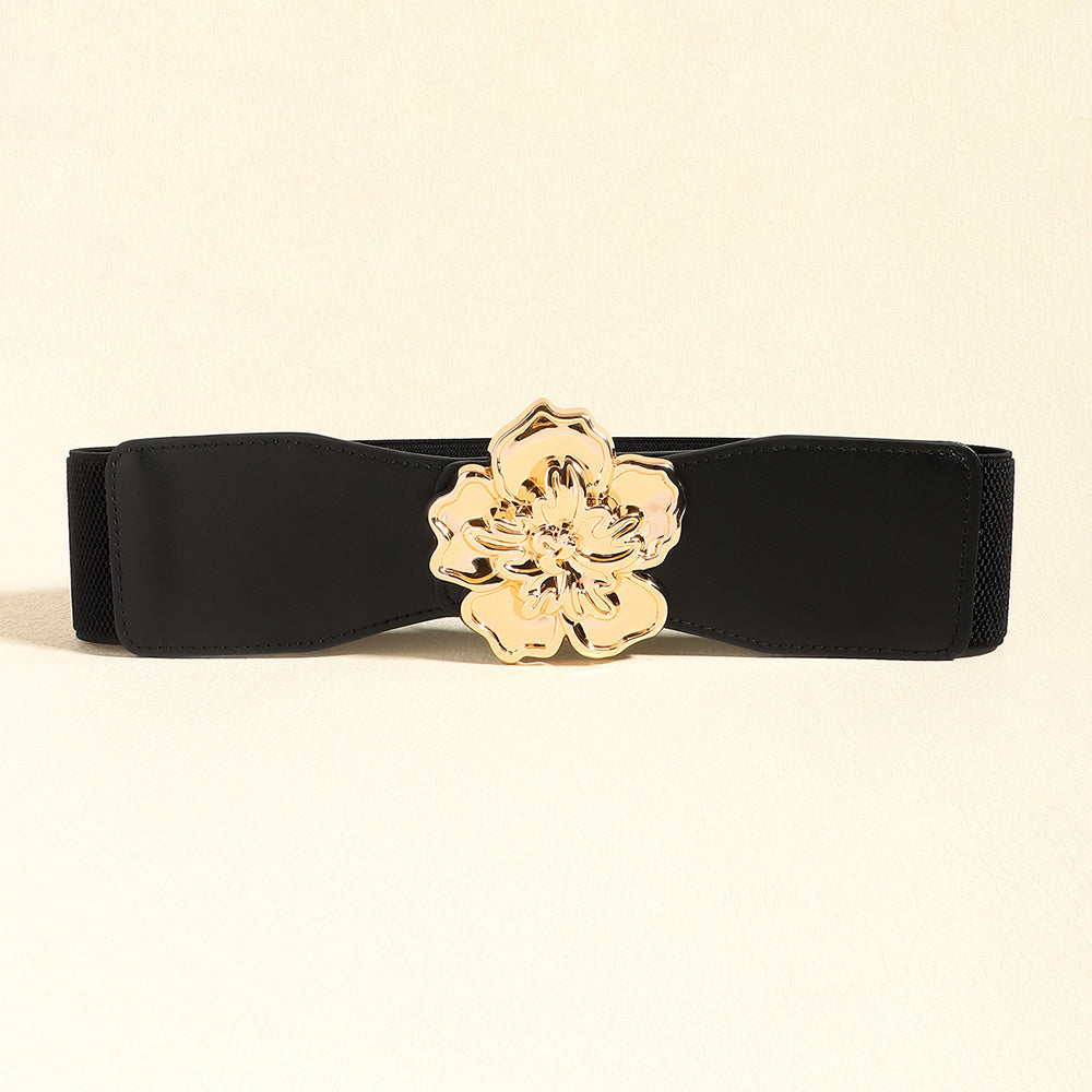 Elegant Women's Stretch Elastic Belt Metal Large Flower Needle Buckle Decorated Dress Shirt Waist Belt