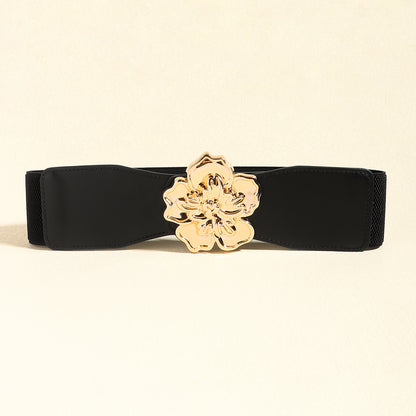 Elegant Women's Stretch Elastic Belt Metal Large Flower Needle Buckle Decorated Dress Shirt Waist Belt
