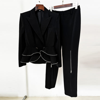 Zipper Ruffled Blazer Skinny Pants Suit Two-piece Suit