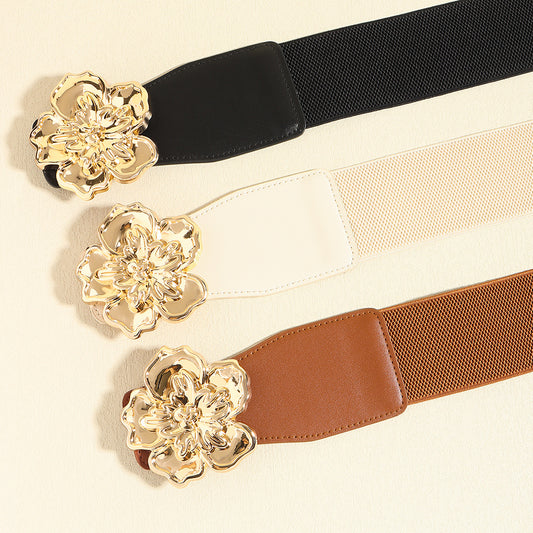 Elegant Women's Stretch Elastic Belt Metal Large Flower Needle Buckle Decorated Dress Shirt Waist Belt