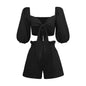 Women's Lantern Mid Sleeve Cardigan Wide Leg Pocket Shorts Casual Suit