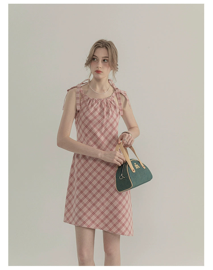 Plaid Sleeveless Strap Design Dress For Women Summer Elegant Figure Flattering