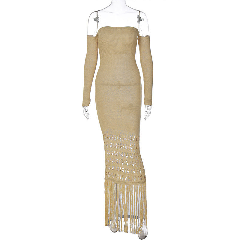 Women's Woolen Elegant Slim-fit Tassel Dress With Long Sleeves