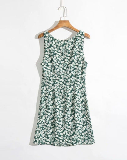 A-line Skirt Dress with Printed Sleeve Round Neck Split Skirt