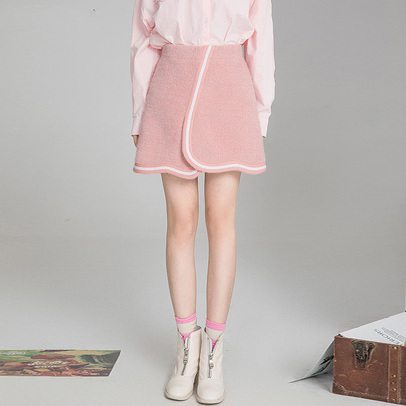 Textured ribbon woolen A-line skirt skirt