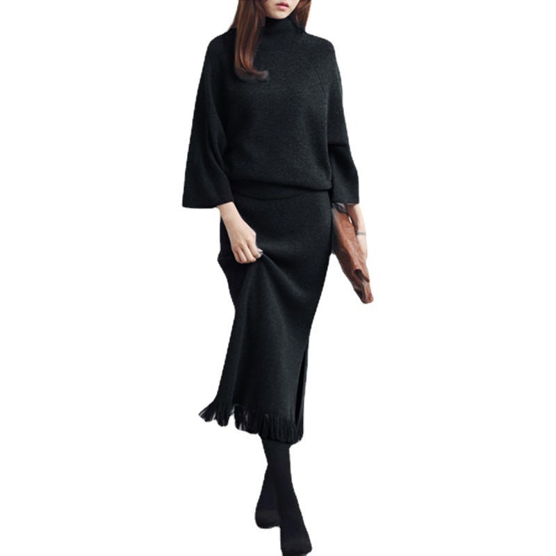 Women’s Knit Sweater & Long Skirt Set – Two-Piece Polyester Outfit for Office & Casual Wear