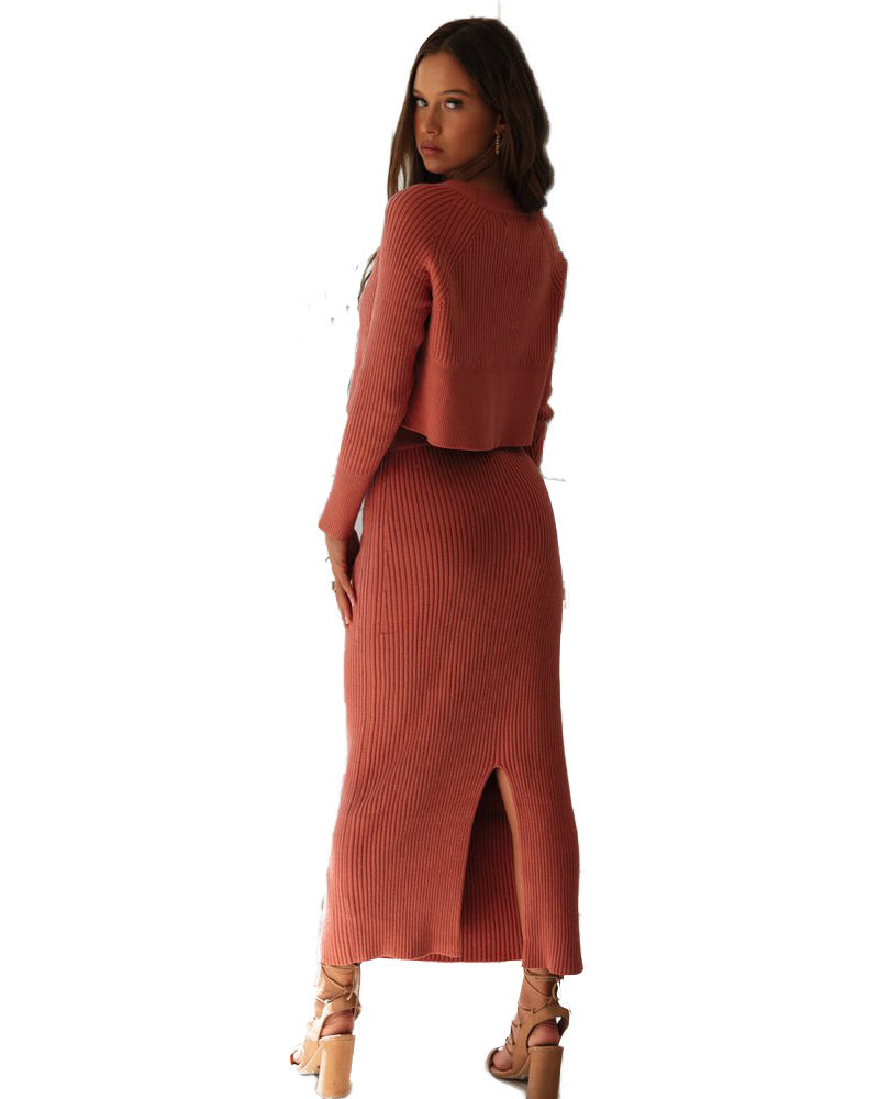 Knitted hem split skirt suit