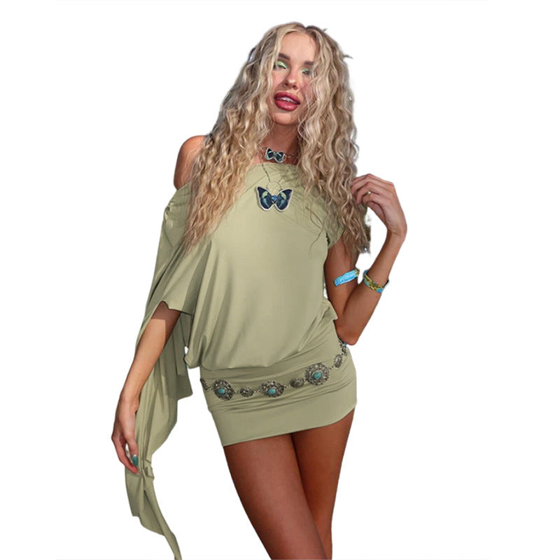 European And American Personalized Creative Solid Color Oblique Shoulder Lace-up Backless Hip Skirt Suit