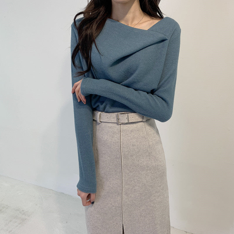 Slim-fit One-shoulder Long Sleeve Knit Sweater