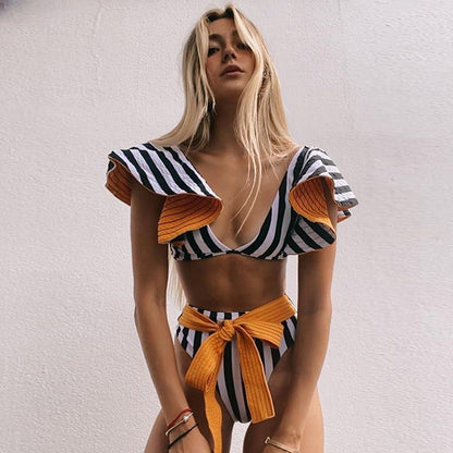 Flounce Strap High Waist Split Bikini Swimsuit Woman