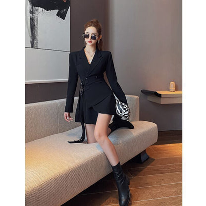 Blazer Dress Women Mini Dress Female One-piece Dress Sashes Long Sleeve