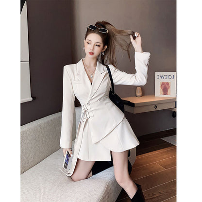 Blazer Dress Women Mini Dress Female One-piece Dress Sashes Long Sleeve