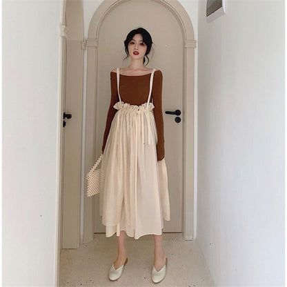 High-waisted Pleated Suspender Skirt, Thin Half-length Skirt, Suspender Skirt