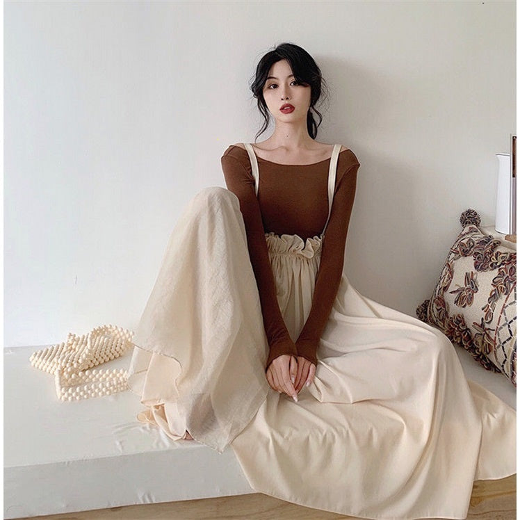 High-waisted Pleated Suspender Skirt, Thin Half-length Skirt, Suspender Skirt